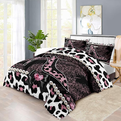 Sexy High Heels Leopard Print Comforter Set Full GirlsRed Cheetah Print Bedding Set Women High Heels Leopard Comforter Animal Quilt Bedroom Decor Cheetah Bedding Bed Decor