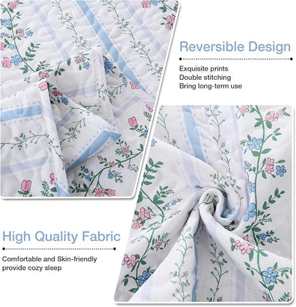 Queen Size Quilt Bedding Set - Vintage Floral Quilts for Bed Lightweight, Farmhouse Reversible Bedspreads Quilted Coverlets with 2 Pillow Shams for All Seasons (90"×90")