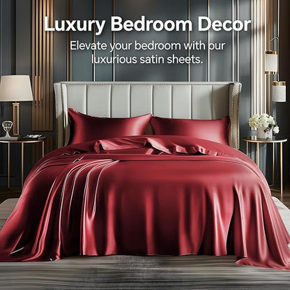 BEDELITE Satin Sheets Twin Size Bed Set, Luxury Soft Burgundy Silky Sheets for Hair and Skin, Similar to Silk Bed Sheets Set 3 Pieces with 1 Deep Pocket Fitted Sheet, 1 Flat Sheet, and 1 Pillowcase