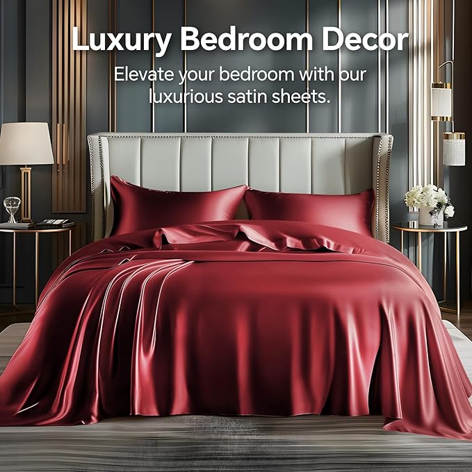 BEDELITE Satin Sheets Twin XL Size Bed Set, Luxury Soft Burgundy Silky Sheets for Hair and Skin, Similar to Silk Bed Sheets Set 3 Pieces （1 Deep Pocket Fitted Sheet, 1 Flat Sheet, and 1 Pillowcase）