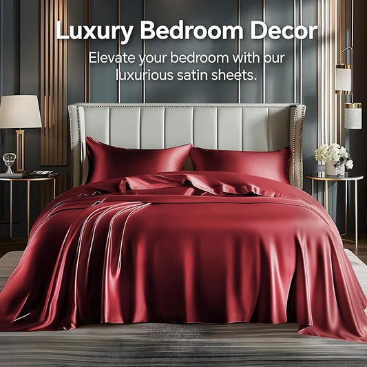BEDELITE King Size Sheets Set, Luxury Soft Burgundy Satin Sheets for Hair and Skin, Similar to Silk Bed Sheets Set 4 Pieces with 1 Deep Pocket Fitted Sheet, 1 Flat Sheet, and 2 Pillowcases
