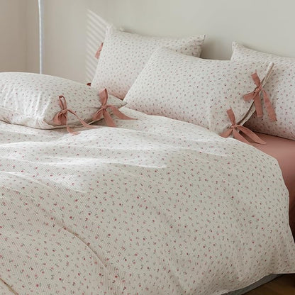 VM VOUGEMARKET Full Duvet Cover Set,3 Pieces Pink Flower Stripes Prints Duvet Cover with 2 Bowknot Pillowcases Vintage Floral Bedding Set Full Size 80"x90",Off-White/Cream