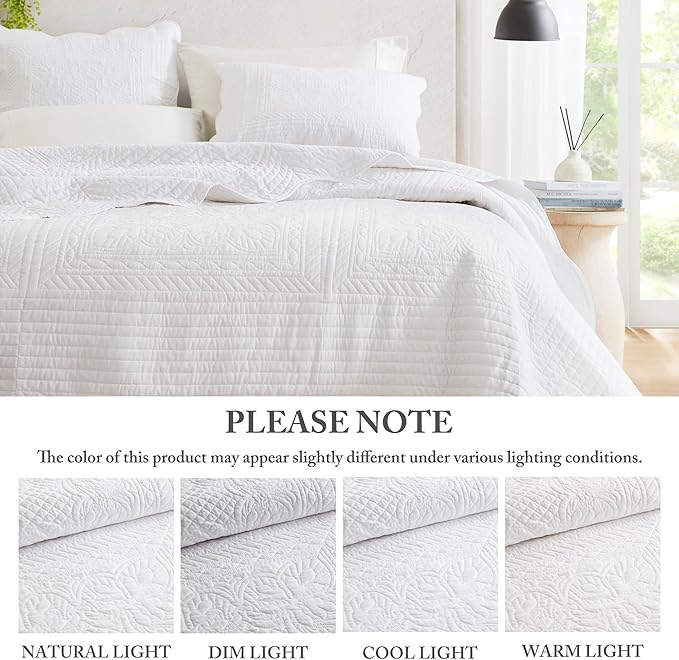 Madison Park Queen Quilt Set Damask Coverlet Set for Queen Size Bed, Cottage Oversized Quilt Set, Scallop Edge, All Season, Pre-washed Cotton-Filled Queen Size Quilt, Tuscany, Full/Queen White 3 Piece