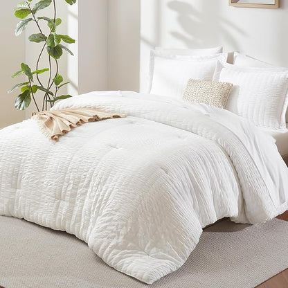 CozyLux King Size Comforter Set White Seersucker 7 Pieces Bed in a Bag King Comforter Set with Sheets, Luxury Soft Bedding Sets with Down Alternative Comforter, Sheets, Pillowcases & Shams All Seasons