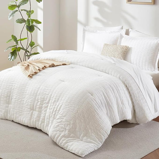 CozyLux King Size Comforter Set White Seersucker 7 Pieces Bed in a Bag King Comforter Set with Sheets, Luxury Soft Bedding Sets with Down Alternative Comforter, Sheets, Pillowcases & Shams All Seasons