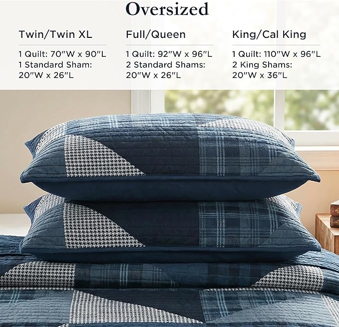 Woolrich Reversible Quilt Set - Cottage Styling Reversed to Solid Color, All Season Lightweight Coverlet, Cozy Bedding Layer, Matching Shams, Oversized King/Cal King, Olsen Geometric Blue
