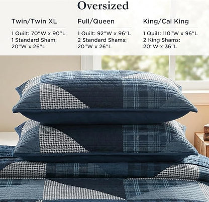Woolrich Reversible Quilt Set - Cottage Styling Reversed to Solid Color, All Season Lightweight Coverlet, Cozy Bedding Layer, Matching Shams, Oversized King/Cal King, Olsen Geometric Blue