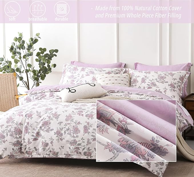 Pink Floral Cotton Comforter King Size 3PC - Vintage Romantic Botanical on Soft White with Smoky Pink Floral Reverse – Cozy Reversible Lightweight Comforter Set with Soft Fill(104"×90")