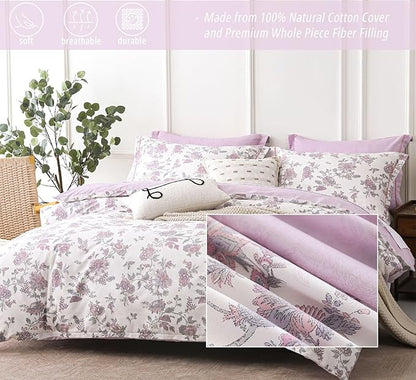 Pink Floral Cotton Comforter King Size 3PC - Vintage Romantic Botanical on Soft White with Smoky Pink Floral Reverse – Cozy Reversible Lightweight Comforter Set with Soft Fill(104"×90")