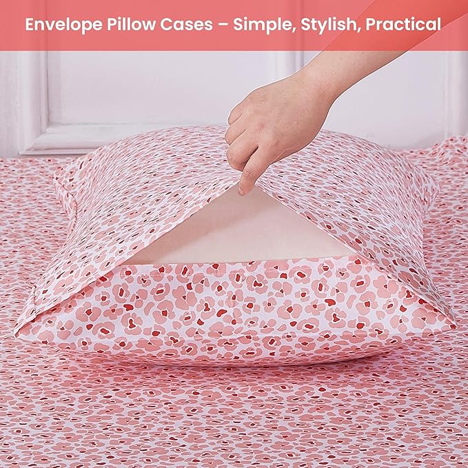 Softan Pink Floral Queen Sheet Set, Cozy Microfiber Leopard Printed Fitted Bed Sheet with 15" Deep Pockets & Corner Non-Slip Straps, Cute Patterned Sheets & Pillowcase Set