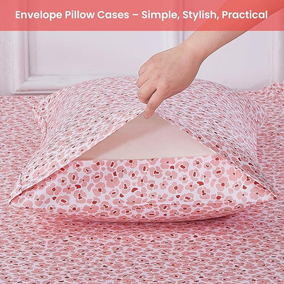 Softan Pink Floral Queen Sheet Set, Cozy Microfiber Leopard Printed Fitted Bed Sheet with 15" Deep Pockets & Corner Non-Slip Straps, Cute Patterned Sheets & Pillowcase Set