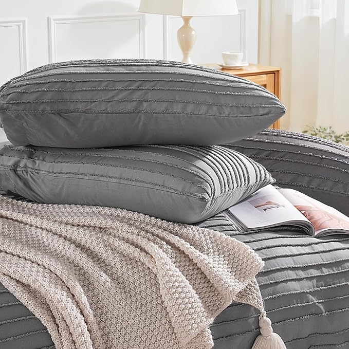 NEXHOME PRO Duvet Cover King Size, Grey 3 Pieces Boho Tufted Duvet Cover Set, Soft and Lightweight Microfiber Comforter Cover Set for All Season (Grey King, 104 x 90)-No Comforter