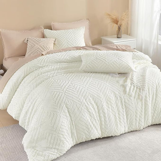 Litanika California King Comforter Set Ivory, 3 Pieces Tufted Boho Farmhouse Bedding Comforter Sets, Lightweight Fluffy Comforter Bed Set All Season (104x96In Comforter & 2 Pillowcases)