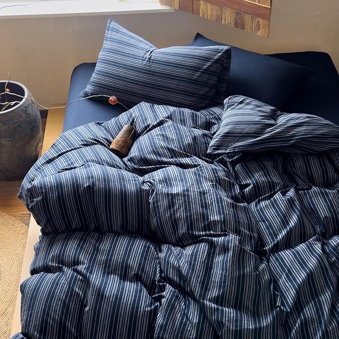 Striped Queen Duvet Cover Navy Blue Washed Cotton Queen Comforter Cover Soft Grey Vertical Stripe Farmhouse Duvet Cover Set with Zipper Boho Patterned Bedding Set Wabi Sabi Duvet Protector