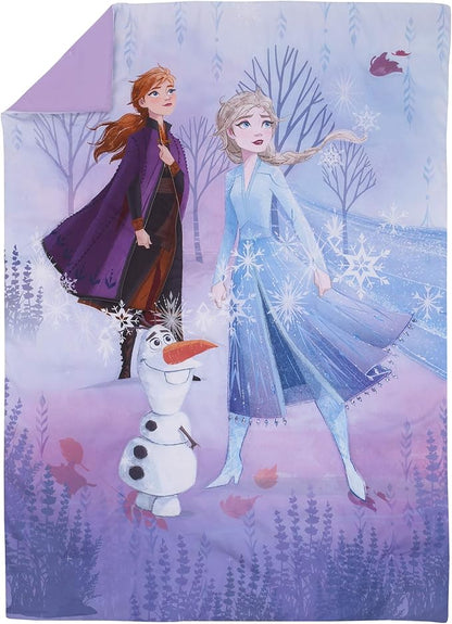 Disney Frozen 2 Lavender, Light Blue and Purple Forest Spirit 4 Piece Toddler Bed Set - Comforter, Fitted Bottom Sheet, Flat Top Sheet, Reversible Pillowcase