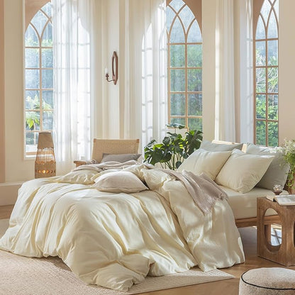MooMee Bedding Duvet Cover Set 100% Washed Cotton Linen Like Textured Breathable Durable Soft Comfy (Solid Cream, King 104"x90")