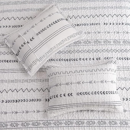 DURLENGEN White Quilt Set Queen Size 3Pcs,Bohemian Design with White & Black Geometric Pattern Printed on White, All Season Lightweight Bedspread Coverlet Sets(Queen 90x96,Boho White)