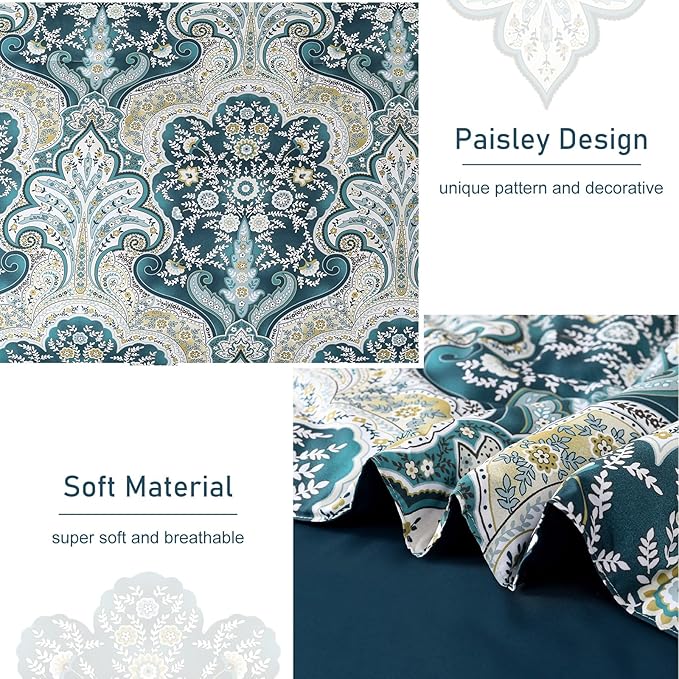Drucon Paisley Comforter Set King Size, 7 Pieces Bed in a Bag Boho Comforter, Soft Lightweight Microfiber Bedding Set (1 Comforter, 1 Flat Sheet, 1 Fitted Sheet, 2 Pillow Shams, 2 Pillowcases)