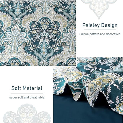 Drucon Boho Comforter Set Queen Size, 7 Pieces Bed in a Bag Paisley Comforter, Soft Lightweight Microfiber Bedding Set (1 Comforter, 1 Flat Sheet, 1 Fitted Sheet, 2 Pillow Shams, 2 Pillowcases)