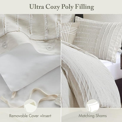 Madison Park Queen Comforter Set Clipped Jacquard Stripes with Buttons Boho Comforter for a Queen-Size Bed, Cotton Oversized Comforters with Removable Cover Boho Bedding, Queen Ivory 8 Piece