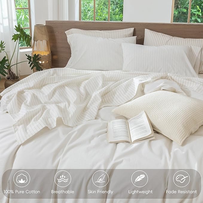 MooMee Striped Sheet Set 100% Washed Cotton Linen Like Textured Breathable Durable Soft Comfy (White Almond Milk Grey Wide Stripes, Queen)
