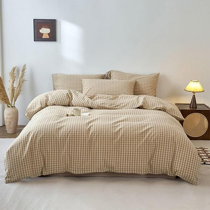 Light Brown Gingham Twin XL Duvet Cover Tan Washed Cotton Comforter Cover Twin XL Soft Checkered Plaid Zipper Duvet Cover Set with Corner Ties Boho Teenage Bedding Set Farmhouse Duvet Protector