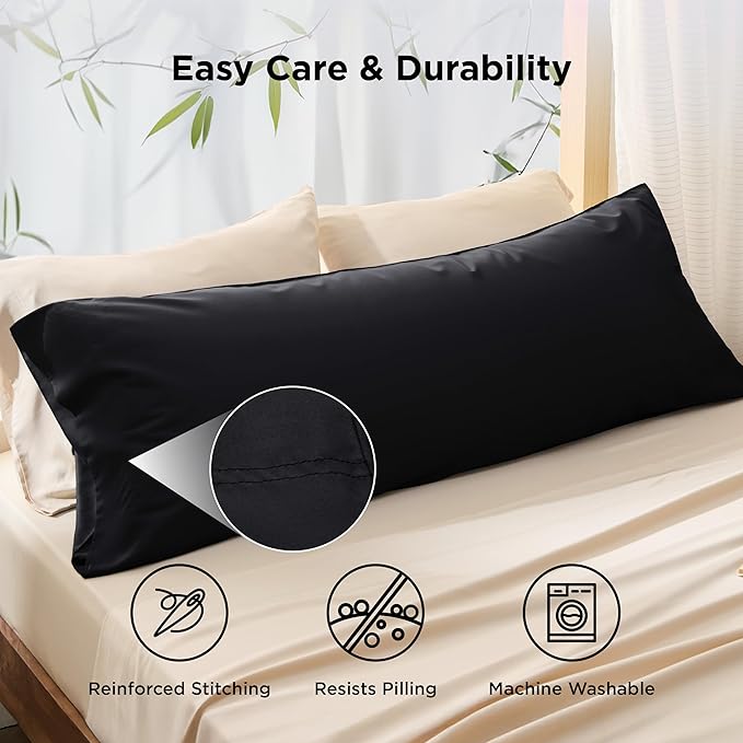 Bedsure Body Pillow Cover, Cooling Body Pillow Pillowcase for Hot Sleepers, Rayon Derived from Bamboo Black Pillowcase, PureWoven Silky Soft Long Pillow Case Cover with Envelope Closure, 20x54 Inches