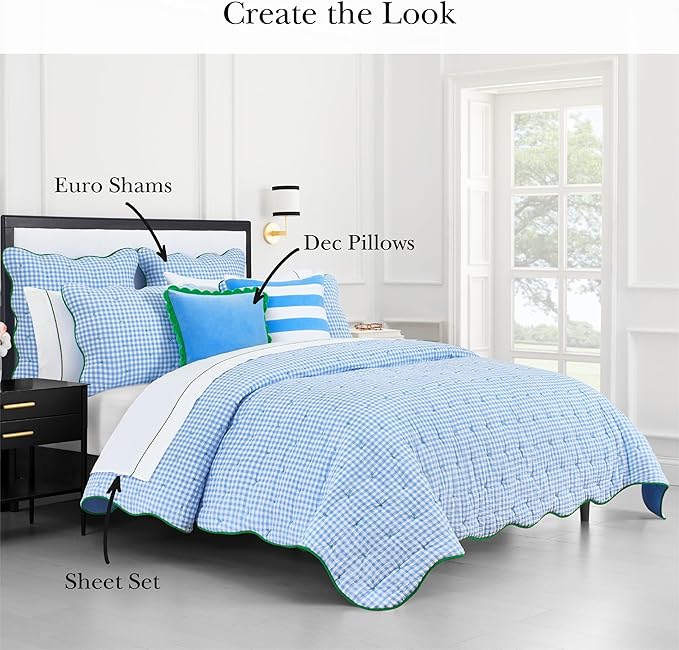 kate spade new york Joyful Gingham Euro Sham, 26" x 26" Spring Pillow Cover, Single Seersucker Cover, Machine Washable, Windy Blue