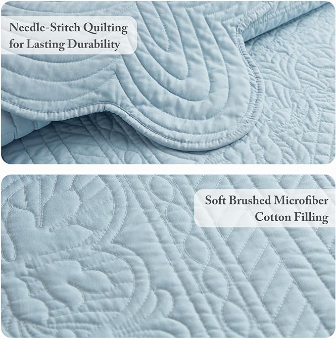 Madison Park Queen Quilt Set Damask Coverlet Set for Queen Size Bed, Cottage Oversized Quilt Set, Scallop Edge, All Season, Pre-Washed Cotton-Filled Queen Size Quilt, Tuscany, Full/Queen Blue 3 Piece