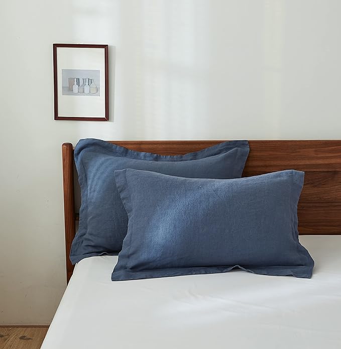 Simple&Opulence 100% Linen Pillow Case Queen Size Set of 2, Classic Blue Pillow Covers with Overlap Closure, Luxury Breathable Pillowcases Protectors Suitable for All-Season (20" X 26", Classic Blue)