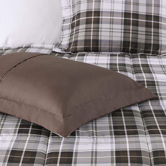 Madison Park Essentials Parkston Plaid Comforter, Matching Sham, 3M Scotchguard Stain Release Cover, Hypoallergenic All Season Bedding-Set, Full/Queen, Brown, 3 Piece