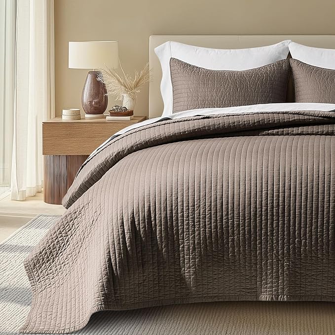 EVERGRACEHOME Cotton Sateen Quilt Set Queen Size, Pre-Washed Cotton Channel Stitch Coverlet Bedspread, 3 Pieces Lightweight Soft Bedding Sets for All Season, with 2 Pillow Shams, Mocha Brown