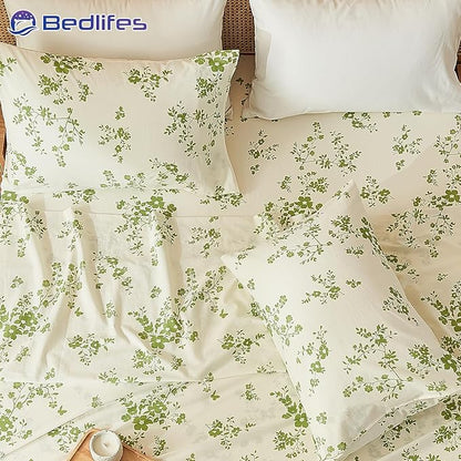 Bedlifes 100% French Linen Sheets Queen Size – Floral Printed, Botanical Pattern Breathable Cooling Sheet Set, 16" Deep Pocket, 4-Piece (Queen, Floral Green)