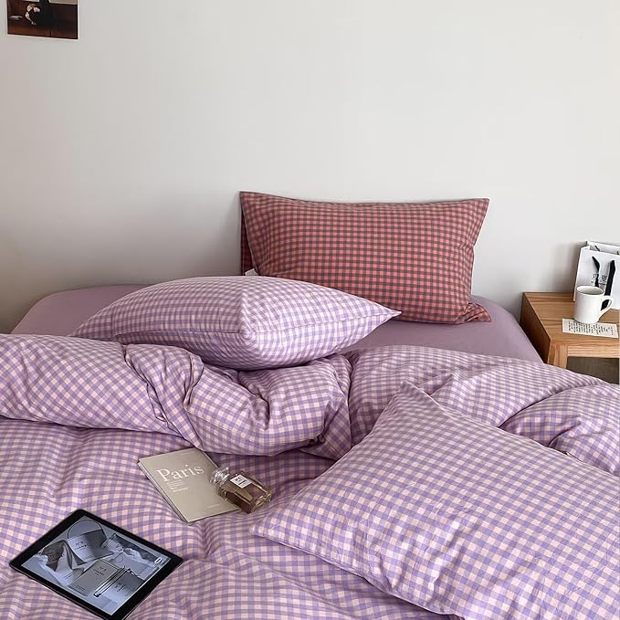 mixinni Purple Gingham Comforter Set Queen, Plaid Comforter Set 3 Pieces 1 Purple Grid Comfoter with 2 Pillow Cases for All Seasons, Soft Fluffy Modern Grid Pattern Printed Bedding-Queen Size