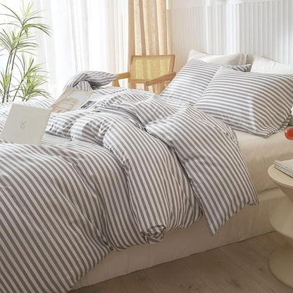 King Size Comforter Set 3 Pieces Striped Comforter Set King Modern Style Boho Bedding Comforter White Grey Stripes Pattern Comforter Set Fluffy Lightweight Farmhouse Bed Comforter for All Season