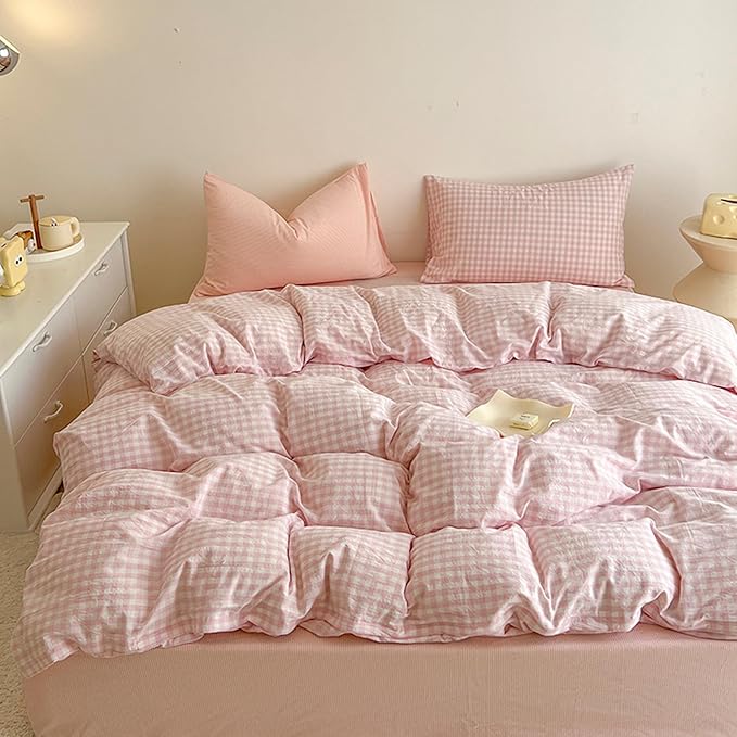BOLINLIVING Gingham Queen Comforter Set 3 Pieces, Soft Breathable Bed in a Bag Queen Size, Pink White Checkered Plaid Bedding Set for All Season, 1 Comforter & 2 Pillowcases