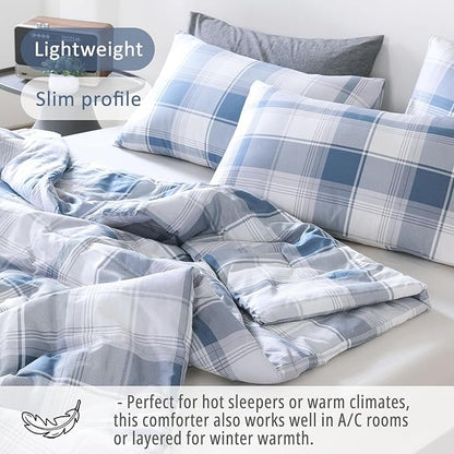 Vintage Cotton Comforter Twin Size 2Pcs - Classic Tartan Plaid Pattern with Denim Blue, Soft Gray and White, Lightweight Bedding Sets with Soft Fill(1 Comfoter, 1 Pillowcase)