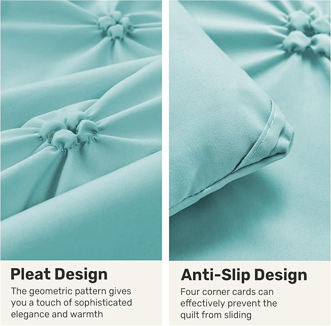 UNIKOME King Size Comforter Set Aqua Blue - Ultra Soft Boho Pintuck Down Alternative Bedding Set for All Seasons, 3 Pieces Lightweight Warm Pinch Pleat Bed Set with Comforter, 2 Pillowcases