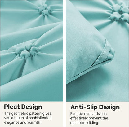 UNIKOME King Size Comforter Set Aqua Blue - Ultra Soft Boho Pintuck Down Alternative Bedding Set for All Seasons, 3 Pieces Lightweight Warm Pinch Pleat Bed Set with Comforter, 2 Pillowcases