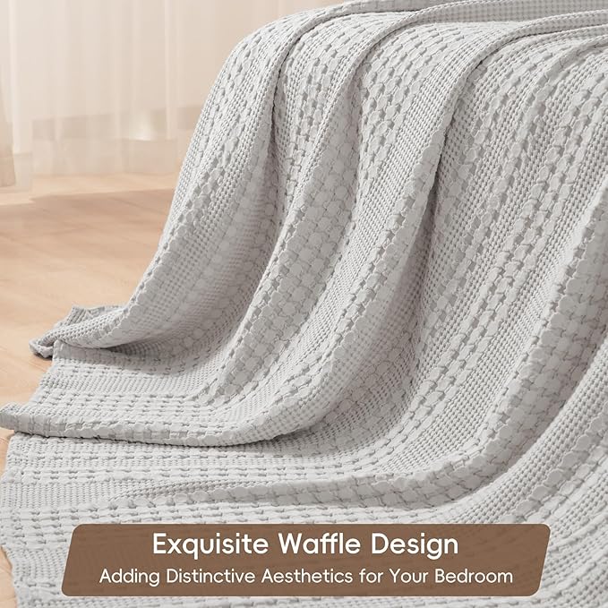 PHF 100% Cotton Waffle Weave Blanket Twin Size for Bed, Soft Lightweight & Breathable for Spring and Summer, All-Season Comfort, Luxury Aesthetic Blanket for Home Decor, 66"x90", Light Grey