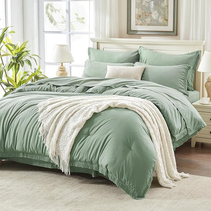Andency Queen Comforter Set with Sheets Sage Green -7 Pieces Boho Tassel Bed in a Bag Soft Lightweight Bedding Sets, All Season Fringe Bed Set with Comforter, Sheets, Pillowcases & Shams
