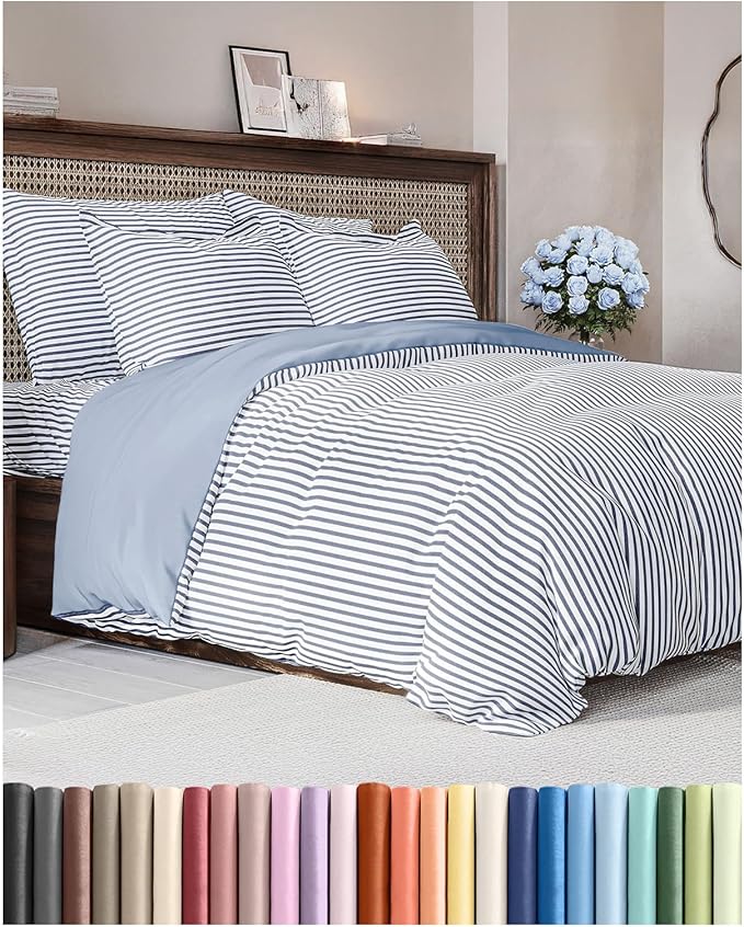 Duvet Cover Cal King Size Set - Extra Soft Cal King Duvet Cover 104" x 98" with 2 Pillow Shams - Hotel Luxury, Easy Care & Fade Free w/ Zipper Closures & Ties - Comfy, Cozy & Breathable (Blue Stripes)