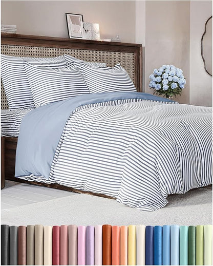 Duvet Cover Cal King Size Set - Extra Soft Cal King Duvet Cover 104" x 98" with 2 Pillow Shams - Hotel Luxury, Easy Care & Fade Free w/ Zipper Closures & Ties - Comfy, Cozy & Breathable (Blue Stripes)