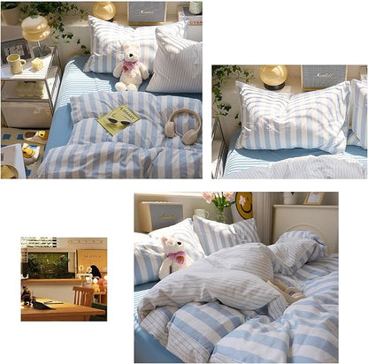 Blue Striped Twin XL Duvet Cover Boho Soft Twin XL Comforter Cover Reversible Farmhouse Cute College Duvet Cover Set with Hidden Zipper Dorm Bedding for Boys Washed Microfiber Duvet Protector