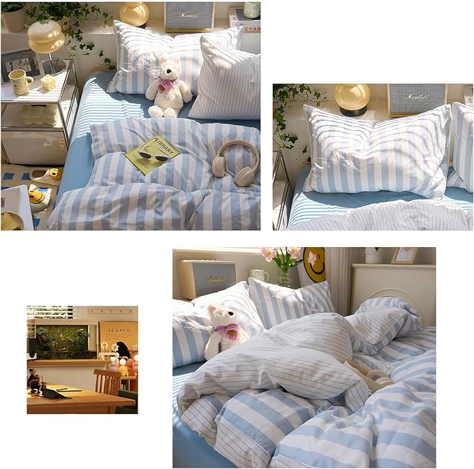 Blue Striped Queen Duvet Cover Boho Soft Comforter Cover Queen Size Reversible Farmhouse Cute College Duvet Cover Set with Hidden Zipper Dorm Bedding for Boys Washed Microfiber Duvet Protector