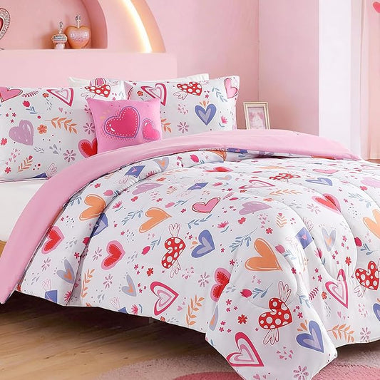 Kids Comforter Set Full Size for Girls, Heart Bedding Set 1 Comforter, 1 Decor Pillow, 2 Pillow Shams