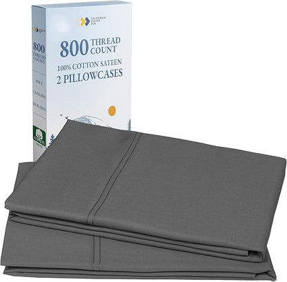 Heirloom Soft, Smooth & Thick Certified 800 Thread Count 100% Cotton Sateen, 2 Pillow Cases King Size, Fits King Pillows (Grey)