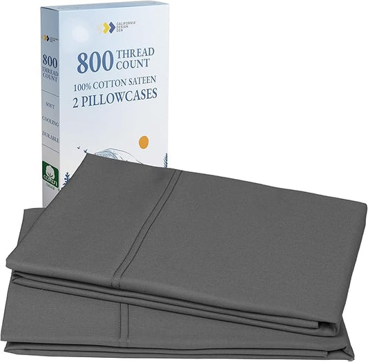 Heirloom Soft, Smooth & Thick Certified 800 Thread Count 100% Cotton Sateen, 2 Pillow Cases King Size, Fits King Pillows (Grey)