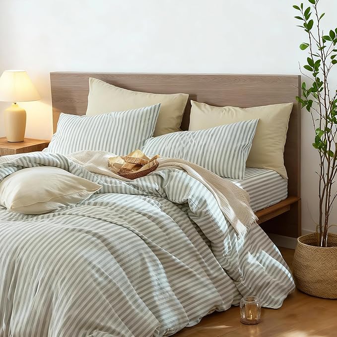 Nayoroom Striped Duvet Cover Queen Size - 100% Washed Cotton White Duvet Cover with Green Stripes Pattern, 3 Pieces Soft Breathable Girls Dorm Bedding Set for Hot Sleepers, Yarn Dyed Process