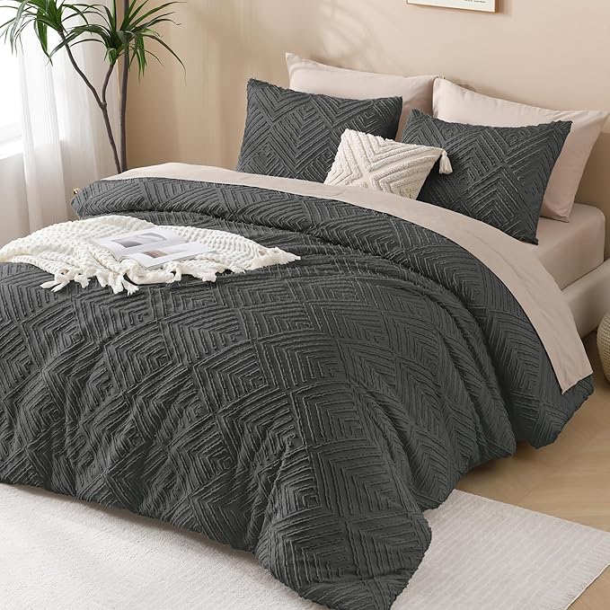 Andency Dark Grey Comforter Set King Size, 3 Pieces Gray Boho Bedding Set & Collections, Farmhouse Tufted Fluffy Bedding Comforter Sets for King Bed (1 Comforter 104x90In, 2 Pillowcases)